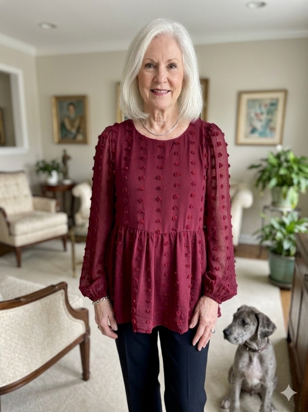 Hayden Women's Burgundy Textured Peplum Blouse